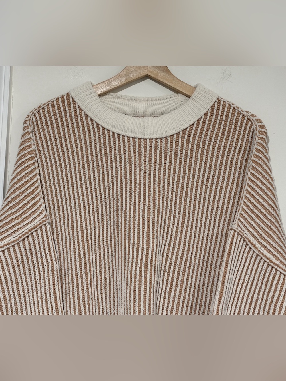 Aerie Beyond Chenille Striped Crewneck Sweater Beach Dune - Picture 4 of 8